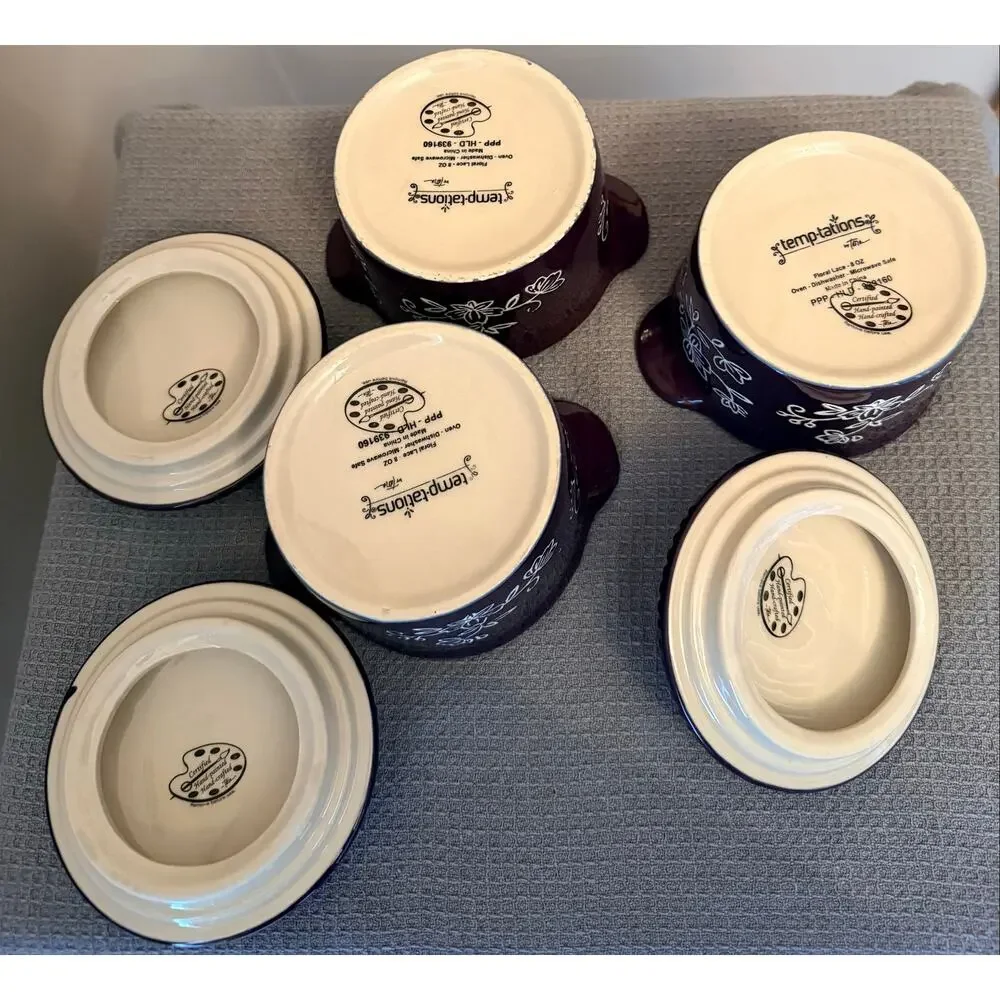 NewTemp-tations Set Of 3 Floral Lace Mini Pot Crock Covered Ramekin W/ Lids 8 oz